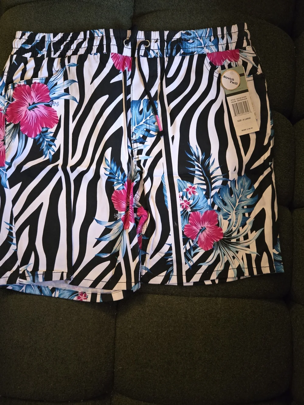 Mens Zebra-Stripe Floral Swim Shorts - Black, White & Pink